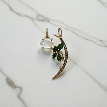 Antique Art Nouveau Four-Leaf Clover Crescent Moon Pendant — 14k Gold, Enamel & Pearls