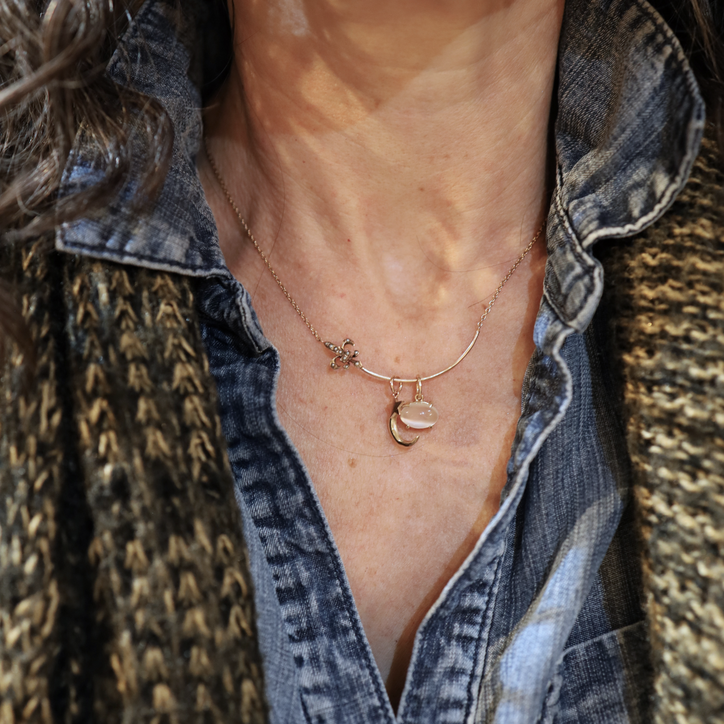 Victorian Crescent Moon and Star Pendant in 14k Gold