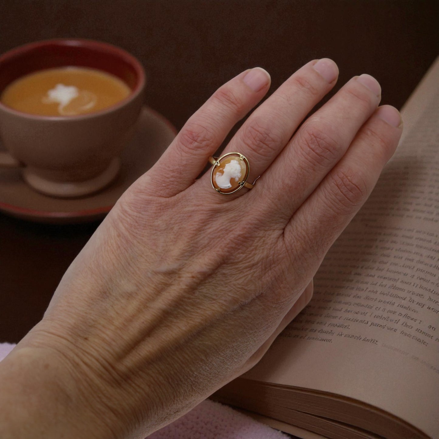 Victorian Shell Cameo Earrings Ring and Pendant in 18k yellow gold