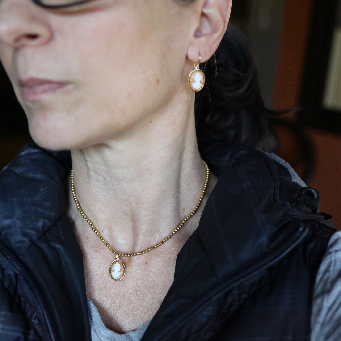 Victorian Shell Cameo Earrings Ring and Pendant in 18k yellow gold