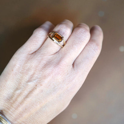 Ethically Mined Emerald Cut Orange Tourmaline Ring in 14k Yellow Gold