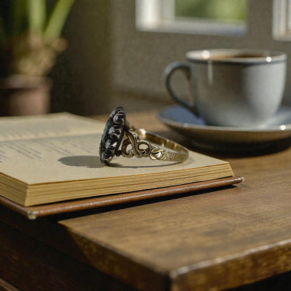 Georgian Emerald and Rose Cut Diamond Halo Ring, c.1820 | 14k Gold & Silver Closed Back