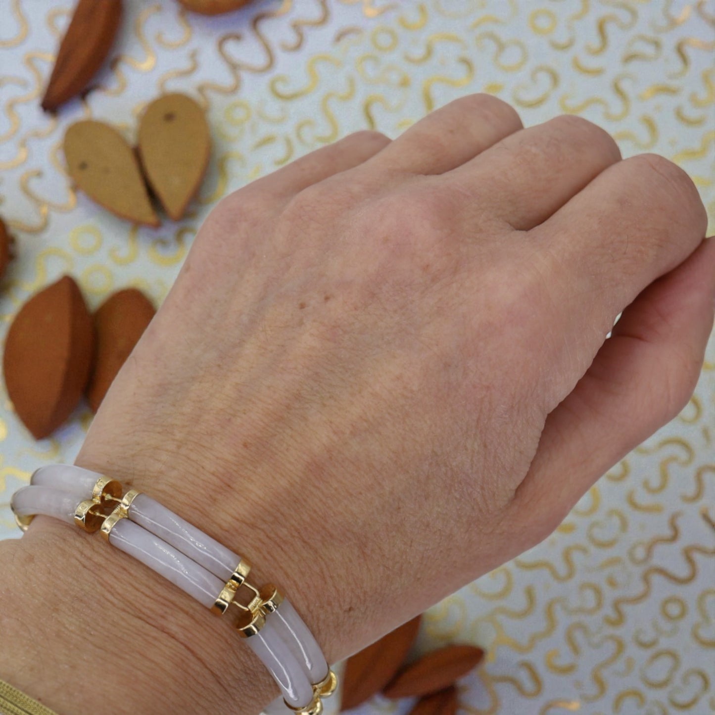 Lavender Jade Mid‑Century 14k Gold Double Row Bracelet 7.5 Inch