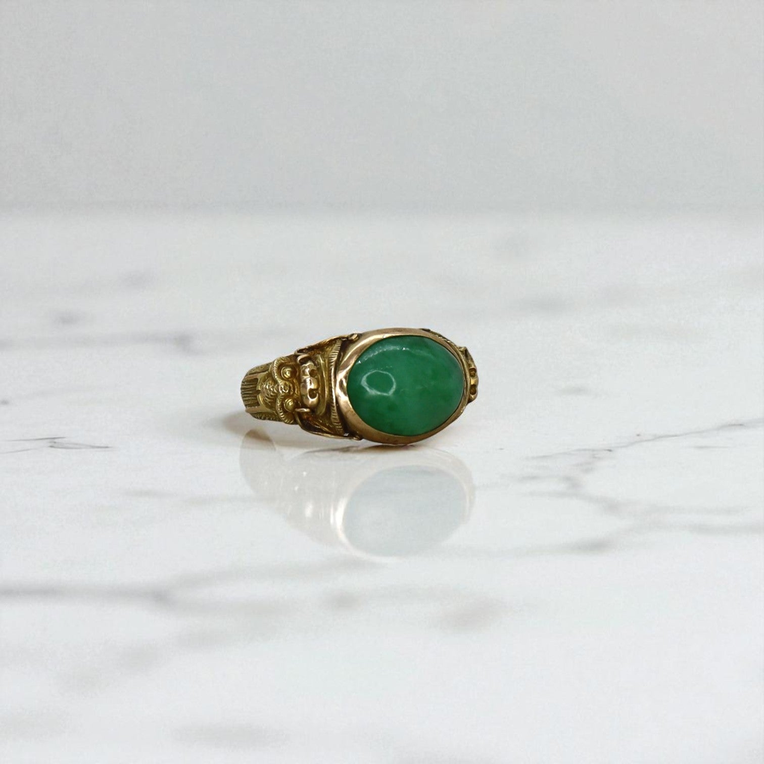 Art Nouveau Chinese Jade Saddle Ring 18K with Dragons - Petra Star