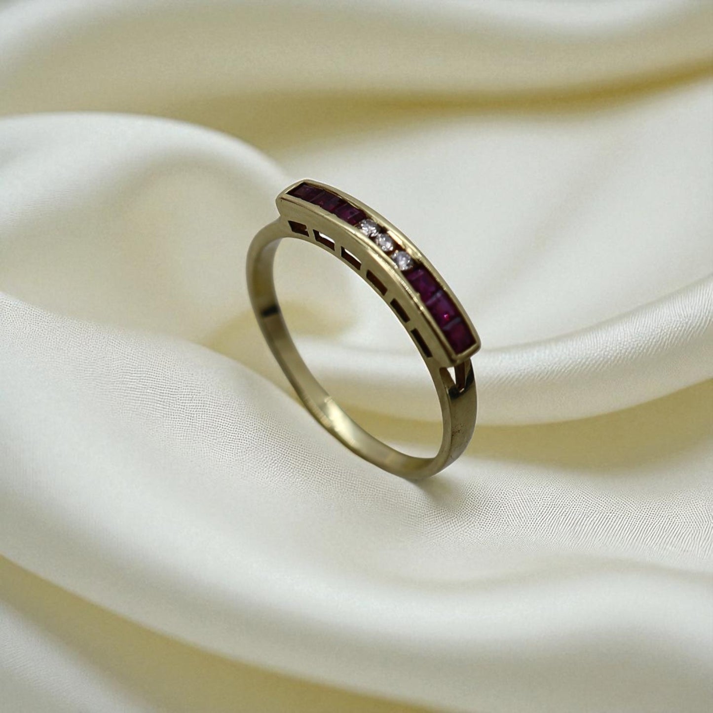 Vintage Ruby & Diamond Half Band Ring in 14k Gold – Stacking Band - Petra Star