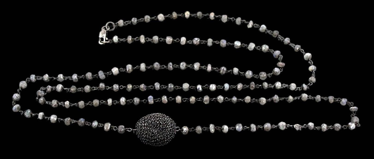 Versatile Layer Necklace 36" Blackened Silver Labradorite and Black Diamond Pave Bead Station Necklace