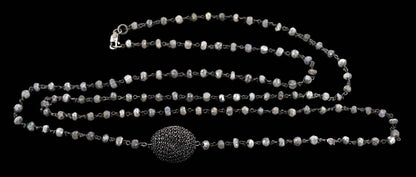 Versatile Layer Necklace 36" Blackened Silver Labradorite and Black Diamond Pave Bead Station Necklace