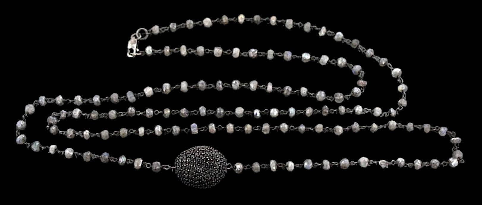 Versatile Layer Necklace 36" Blackened Silver Labradorite and Black Diamond Pave Bead Station Necklace - Petra Star