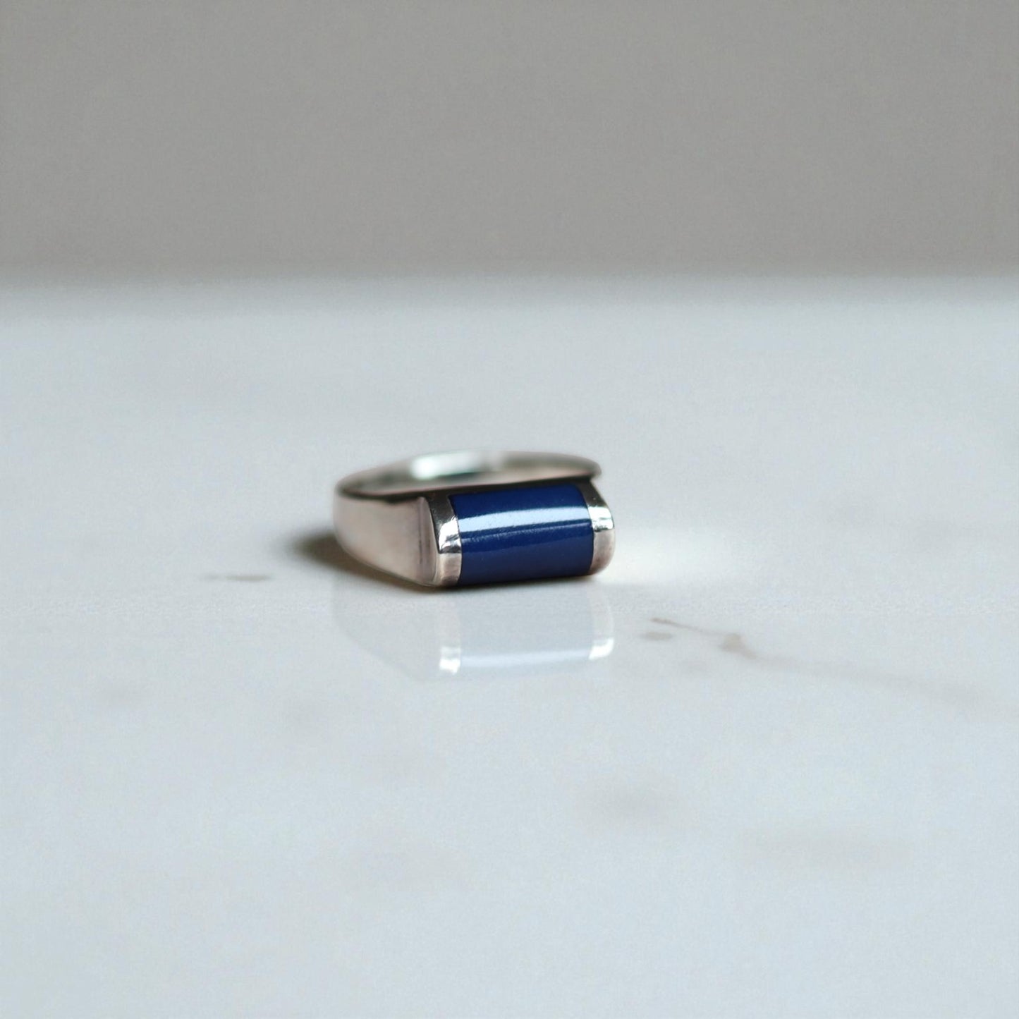 Estate Silver Lapis Ring, Blue Enamel Earrings & Pendant Set – Modernist Design, Circa 1990