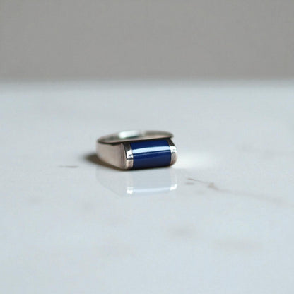 Estate Silver Lapis Ring, Blue Enamel Earrings & Pendant Set – Modernist Design, Circa 1990