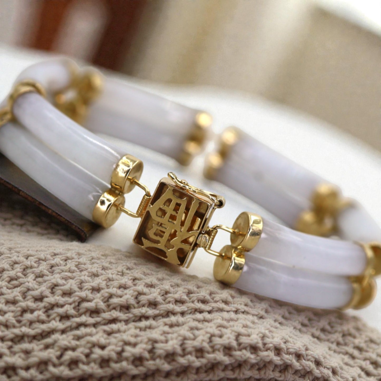 Lavender Jade Mid‑Century 14k Gold Double Row Bracelet 7.5 Inch