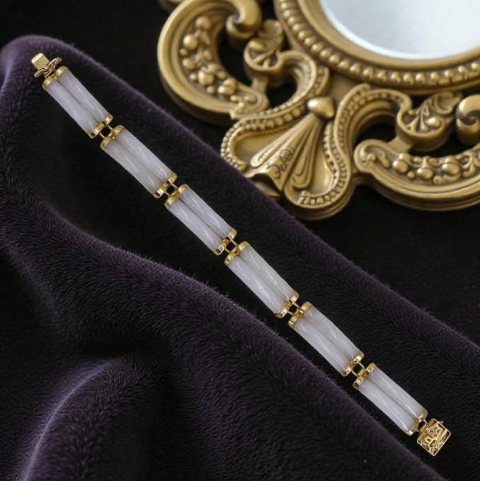 Lavender Jade Mid‑Century 14k Gold Double Row Bracelet 7.5 Inch