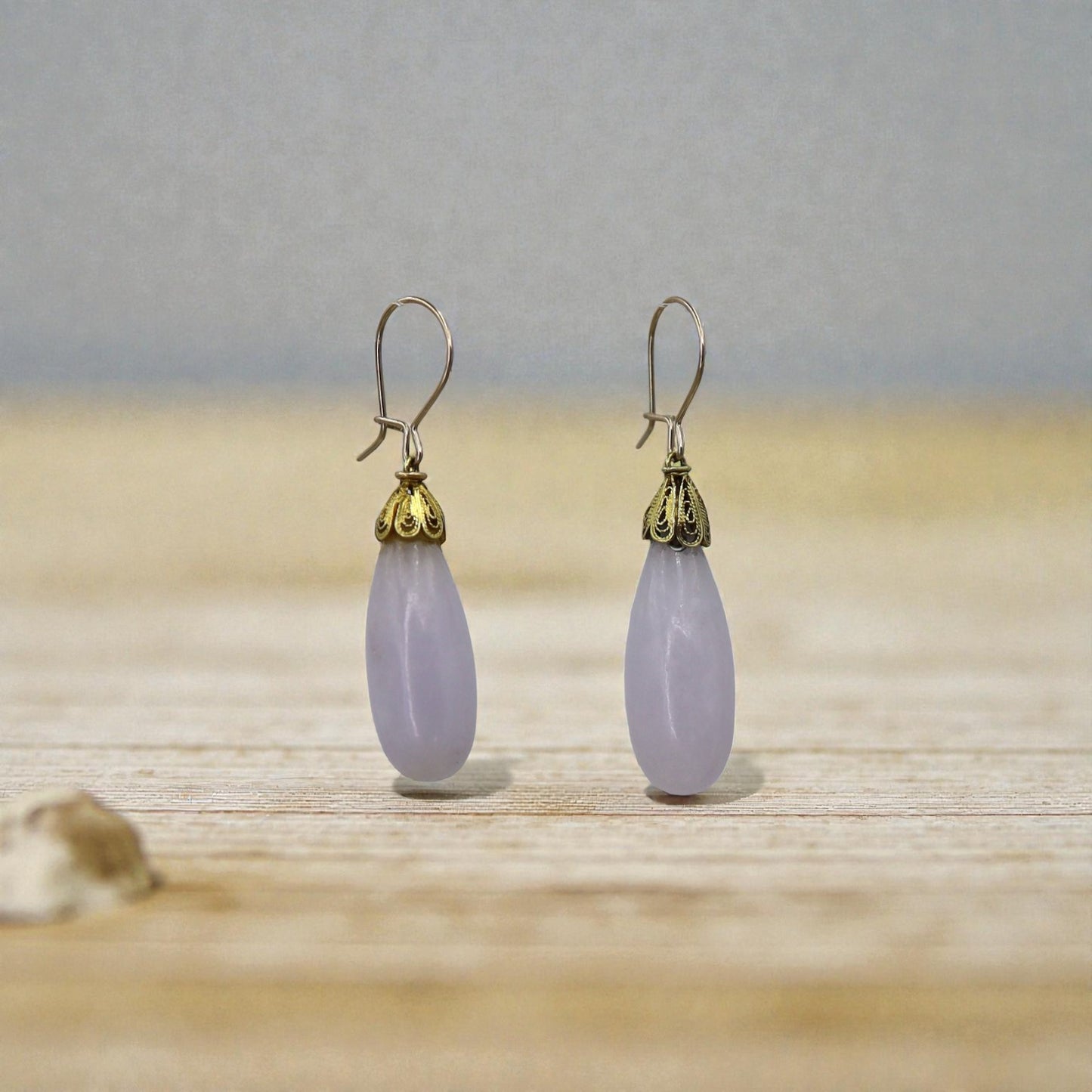 Vintage Lavender Jade Drop Earrings in 14k Yellow Gold