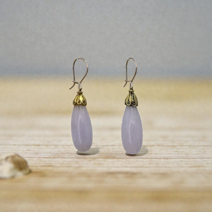 Vintage Lavender Jade Drop Earrings in 14k Yellow Gold