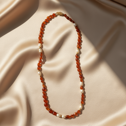 Freshwater Pearl and Spessartite Garnet Necklace with 14k Yellow Gold Beads and Clasp – 18” Strand - Petra Star