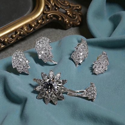Transformed Mid-Century Platinum & Diamond Leaf Jewelry (Earrings and Ring from Original 1950s Brooch) - Petra Star