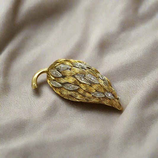 Mid Century Diamond Leaf Brooch 18k Gold - LM106 - Petra Star