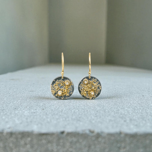 Mini Disc Earrings—18k Gold Fused with Oxidized Silver