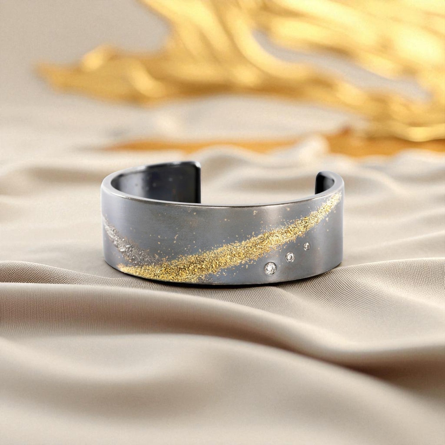 Silver & Gold Narrow Slice Cuff — 22k Gold, Oxidized Silver & Black Diamonds - Petra Star