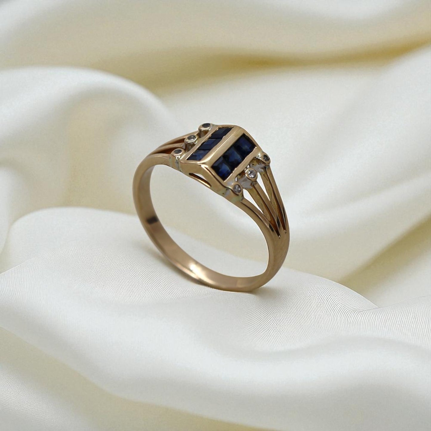 1960s Modernist Sapphire & Diamond Ring in 14k Gold (Vintage New Arrival) - Petra Star