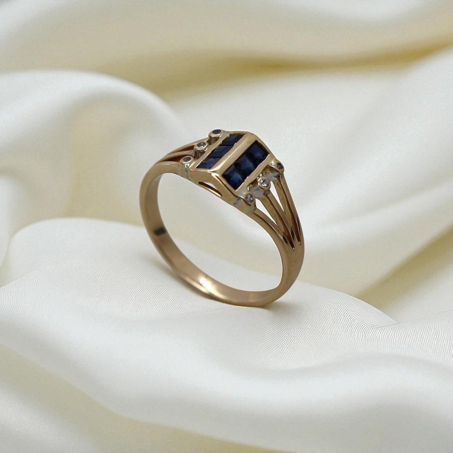 1960s Modernist Sapphire & Diamond Ring in 14k Gold (Vintage New Arrival) - Petra Star