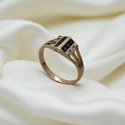 1960s Modernist Sapphire & Diamond Ring in 14k Gold (Vintage New Arrival) - Petra Star