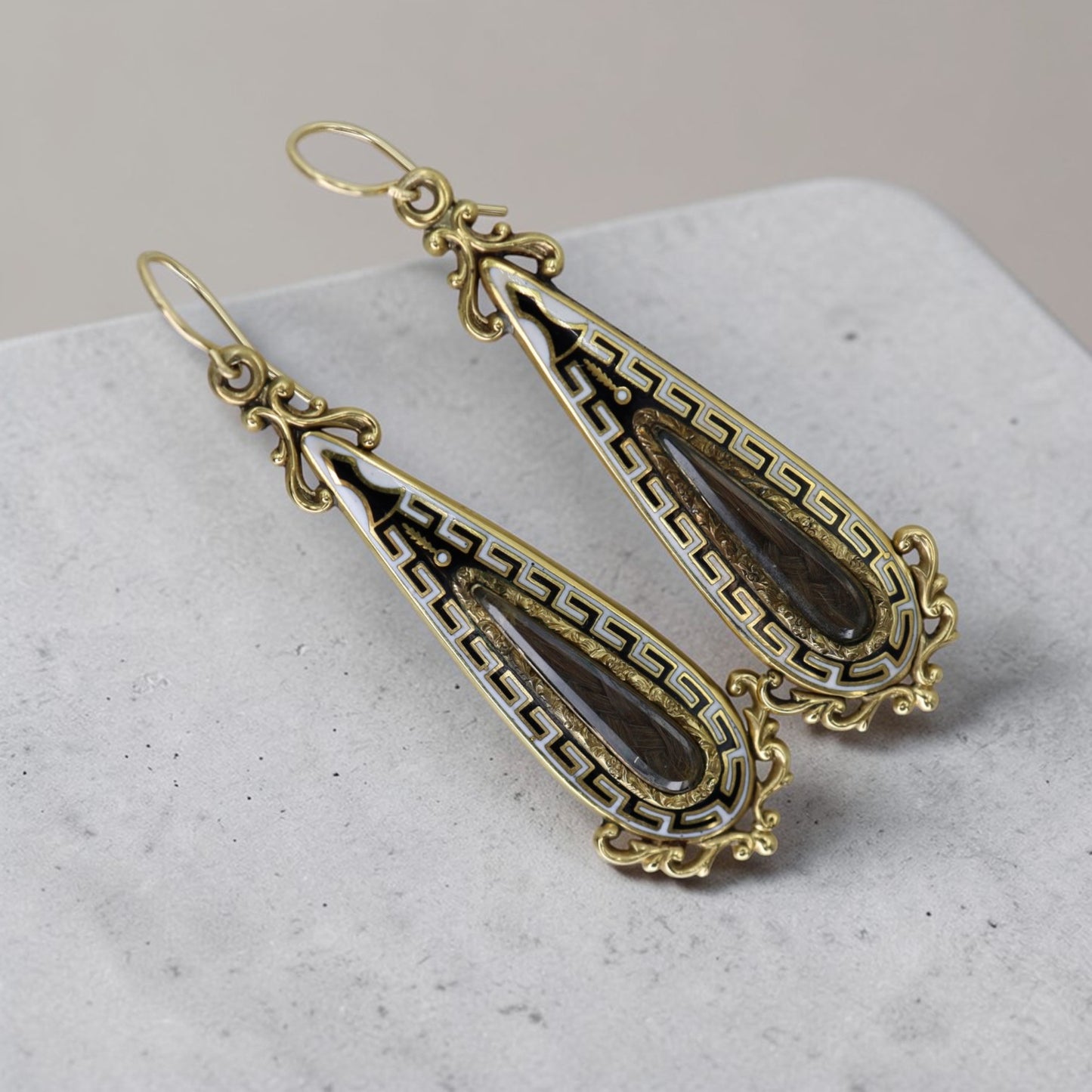 Victorian Mourning Earrings with Hair in 14k Yellow Gold - Petra Star