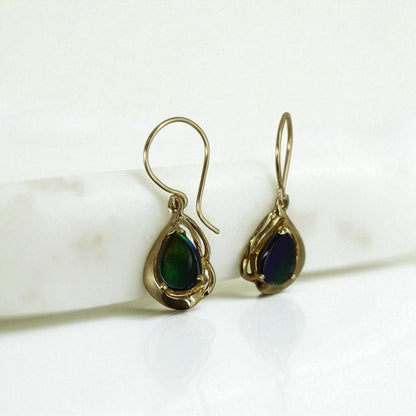 Vintage 18k Yellow Gold Opal Doublet Drop Earrings – Contemporary Design - Petra Star