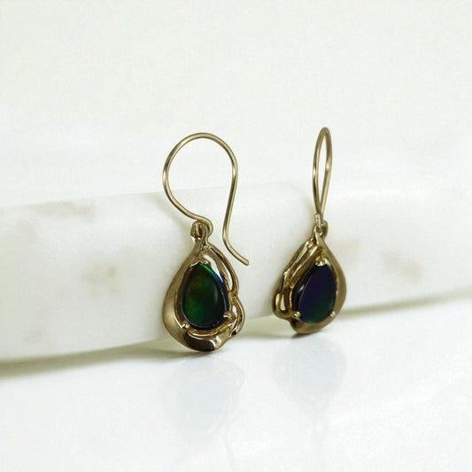 Vintage 18k Yellow Gold Opal Doublet Drop Earrings – Contemporary Design - Petra Star