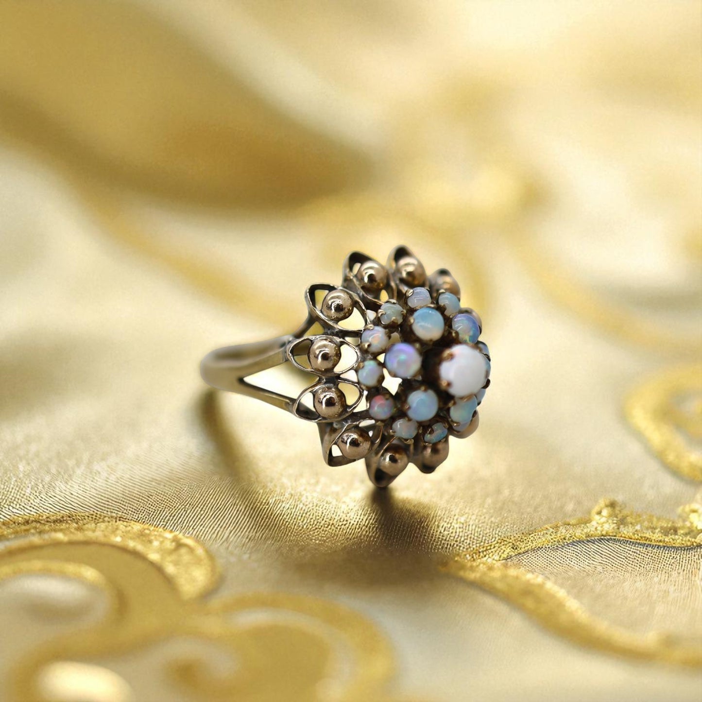 Vintage 1940s White Opal Cluster Harem Ring – Gold Filled Statement Cocktail Jewelry - Petra Star