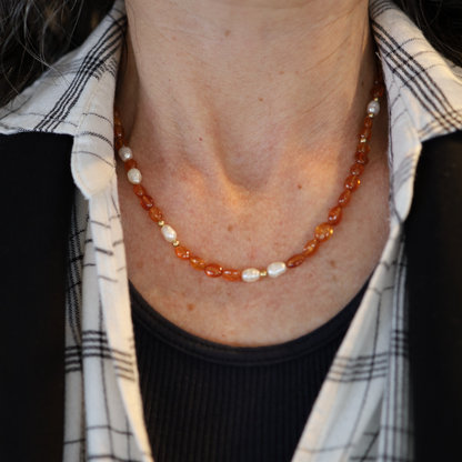 Freshwater Pearl and Spessartite Garnet Necklace with 14k Yellow Gold Beads and Clasp – 18” Strand - Petra Star