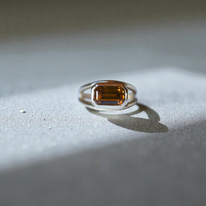 Ethically Mined Emerald Cut Orange Tourmaline Ring in 14k Yellow Gold