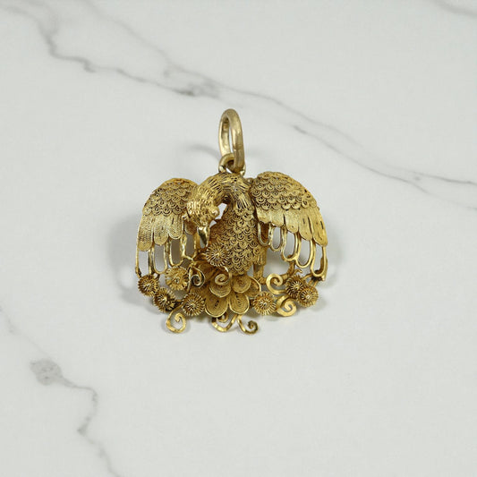 Antique Peacock Pendant in 20k Gold with Cannetille Detail (c. Victorian British Raj)
