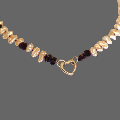Amethyst and Keshi Pearl Necklace with Silver Heart Charm Holder Clasp – Strung on Purple Silk, 20” - Petra Star