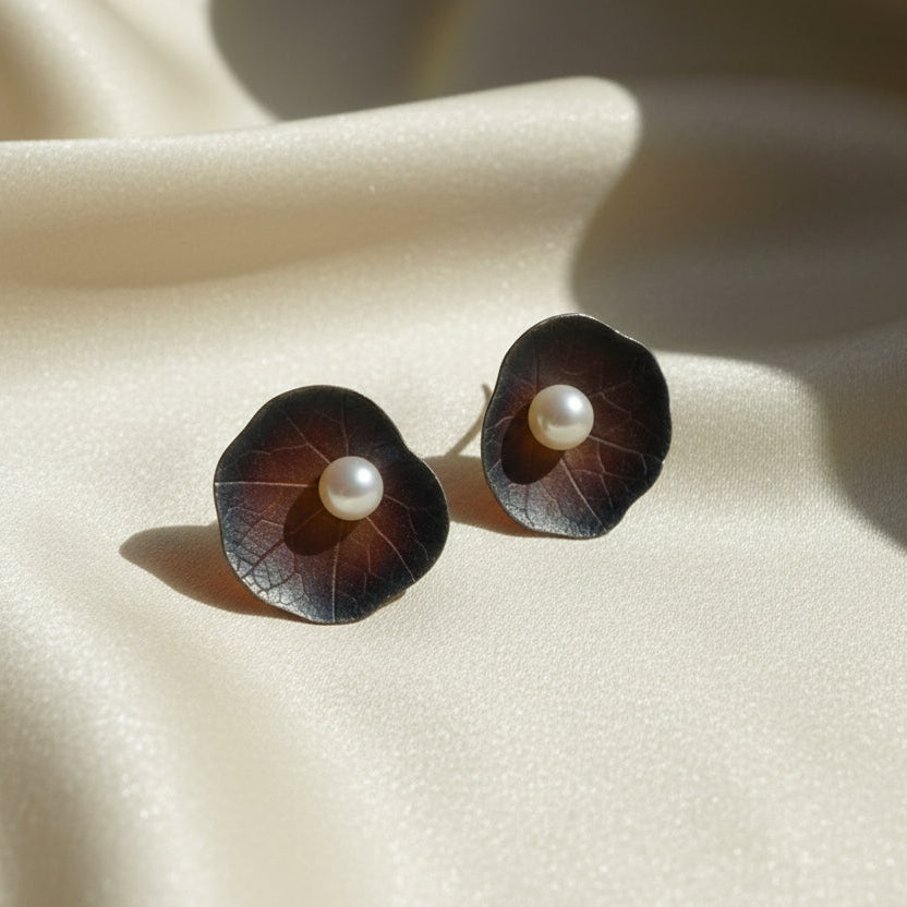 Akoya Pearl Earrings in Bronzed Oxidized Silver Handmade - Petra Star