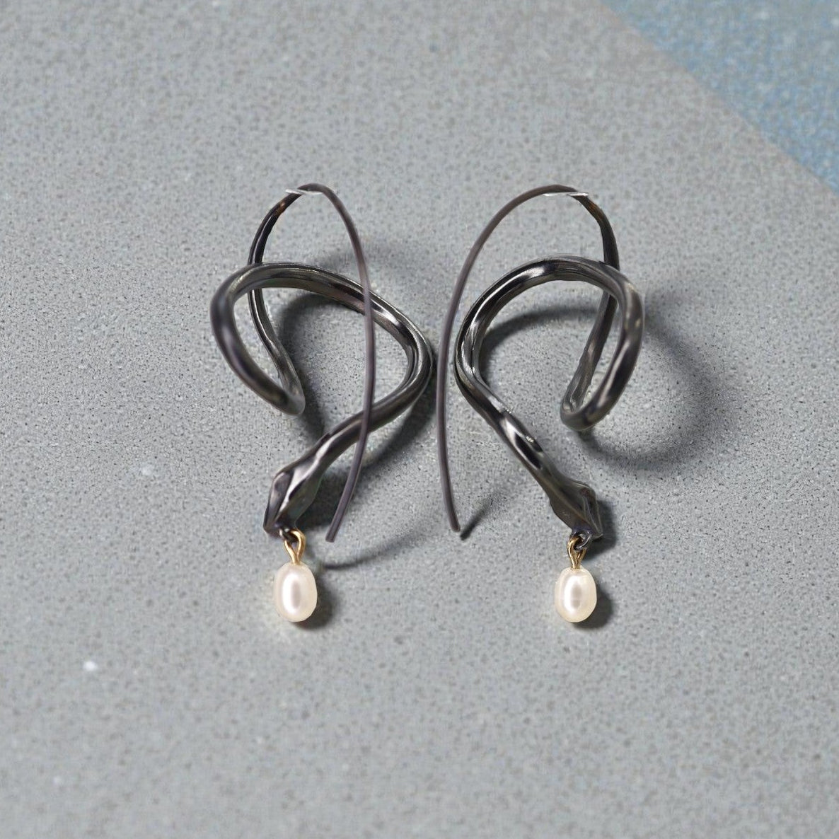 Blackened Silver Snake & Pearl Earrings