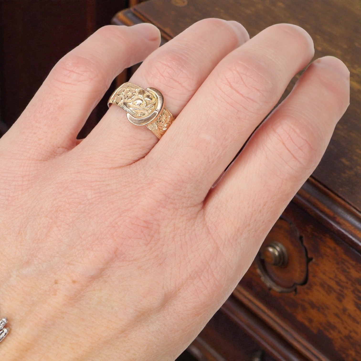 Victorian Buckle Ring Circa 1856 / 9k Pink Gold English Hallmarked Buckle Band Finger Size 6.75 - JL1605 - Petra Star