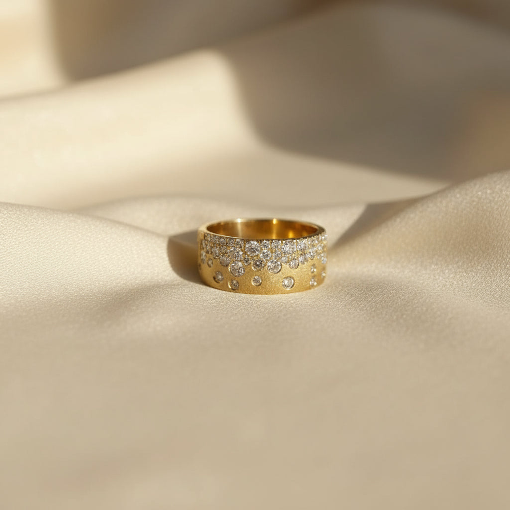 Dilamani diamond sprinkles band ring featuring sparkling diamond accents on a sleek metal band.