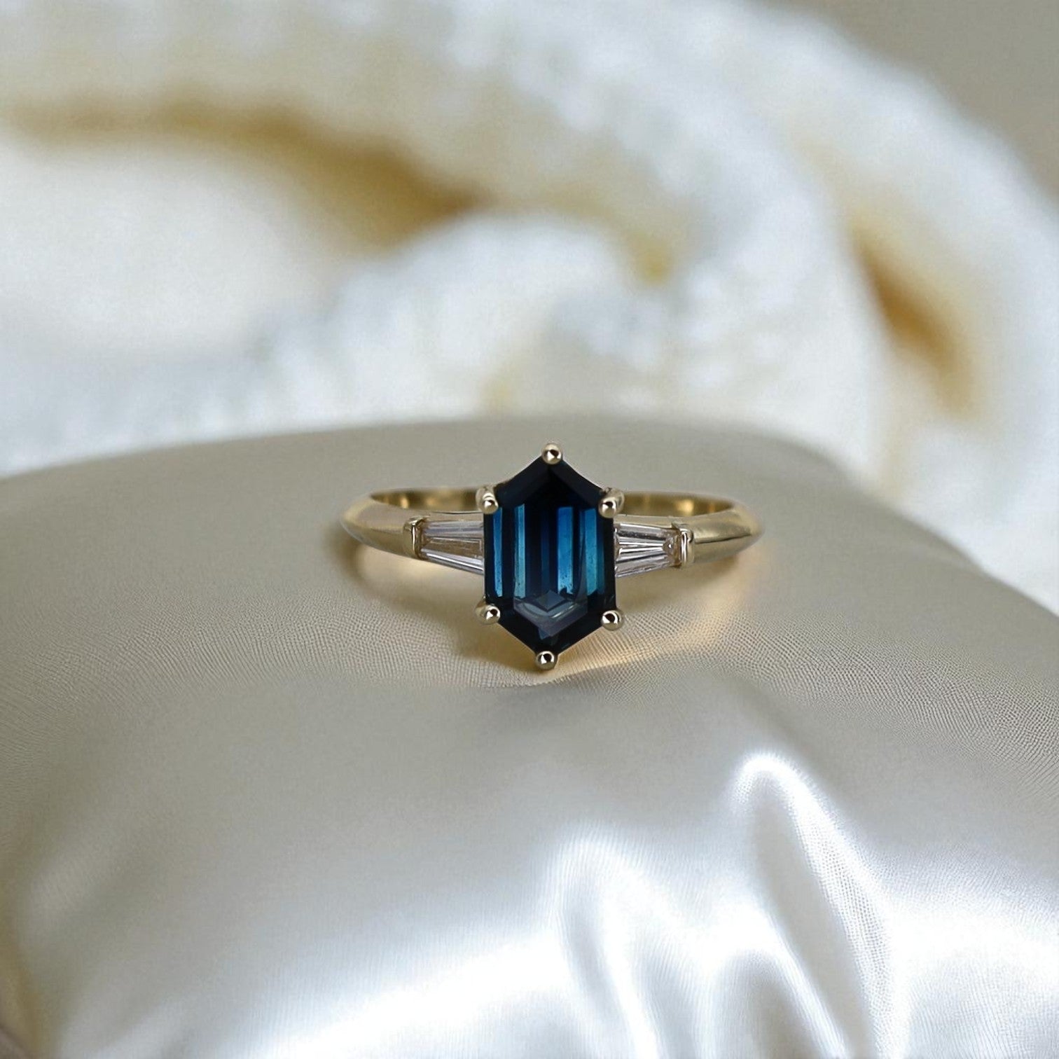 Hexagonal Teal Blue Sapphire Ring - Petra Star