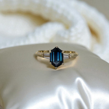 Hexagonal Teal Blue Sapphire Ring - Petra Star