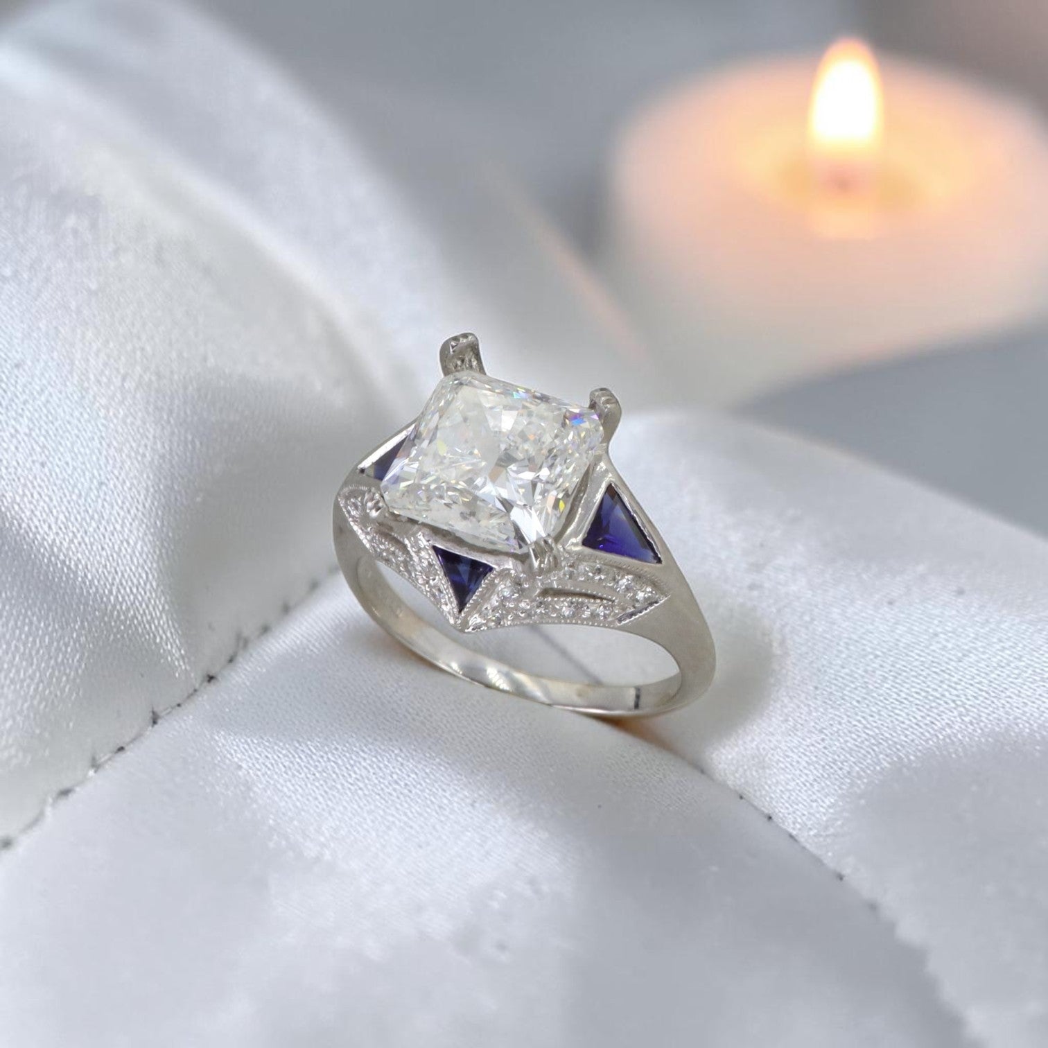 Art Deco Inspired Platinum and Sapphire Vintage Mounting set with 3.09 ct Lab Created Radiant Cut Diamond