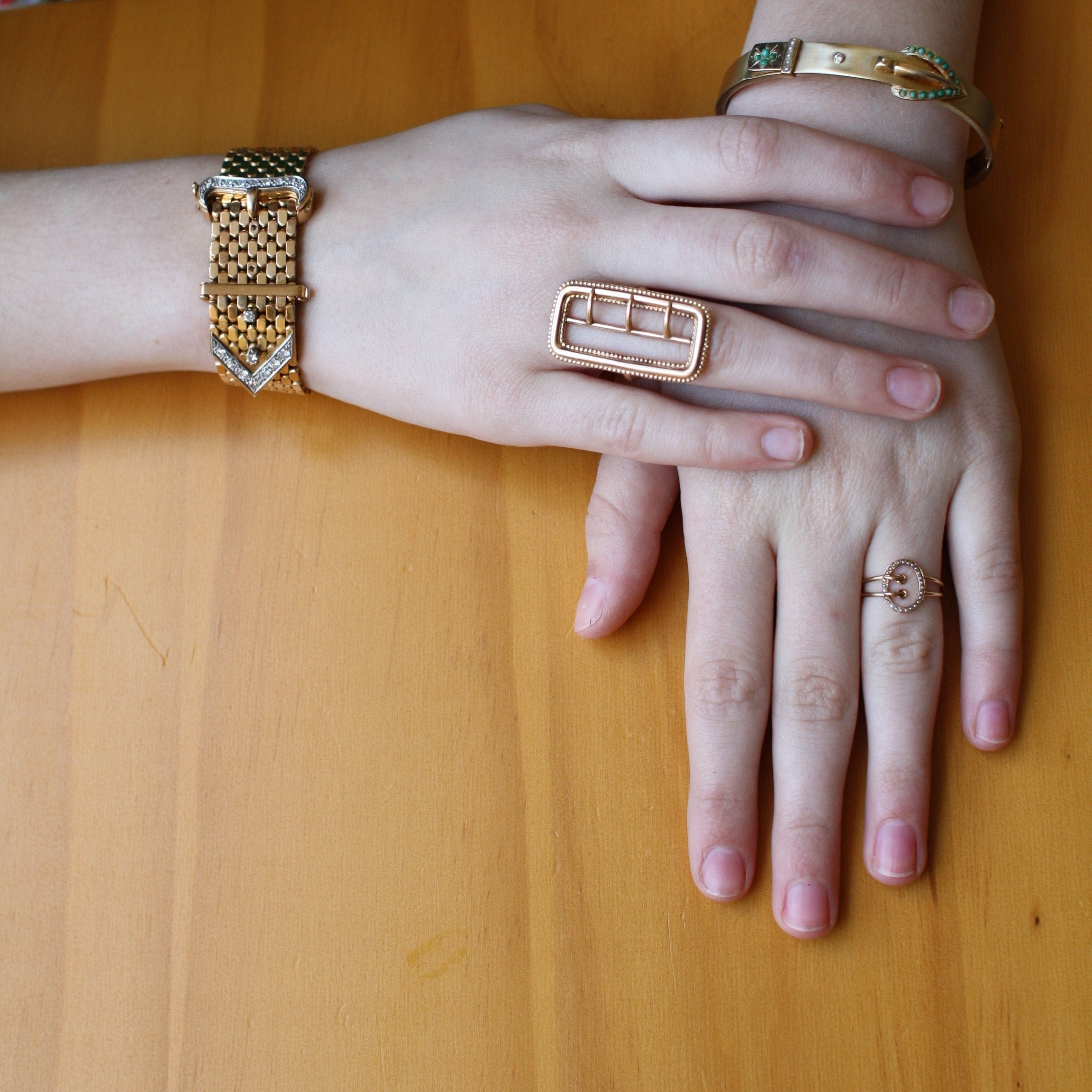 Vintage-style 18k gold diamond buckle bracelet featuring intricate details and a classic heirloom design by The Vintage Vault.