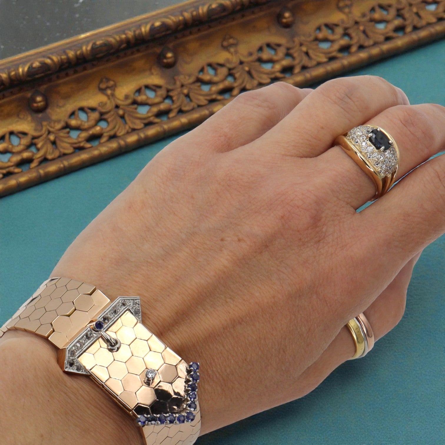 1940s Retro 18k Rose Gold Buckle Honeycomb Link Bracelet with Diamonds & Sapphires - Petra Star