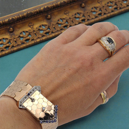 1940s Retro 18k Rose Gold Buckle Honeycomb Link Bracelet with Diamonds & Sapphires - Petra Star