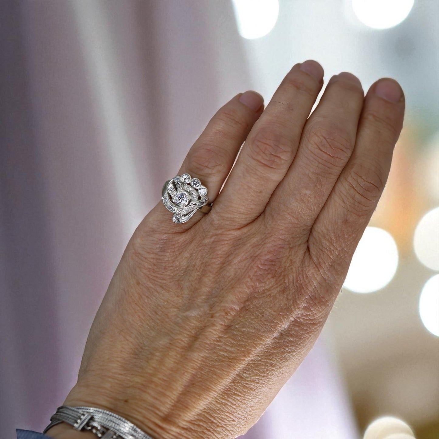 Vintage Diamond Retro Cocktail Ring – 14k White Gold Cluster Statement - Petra Star