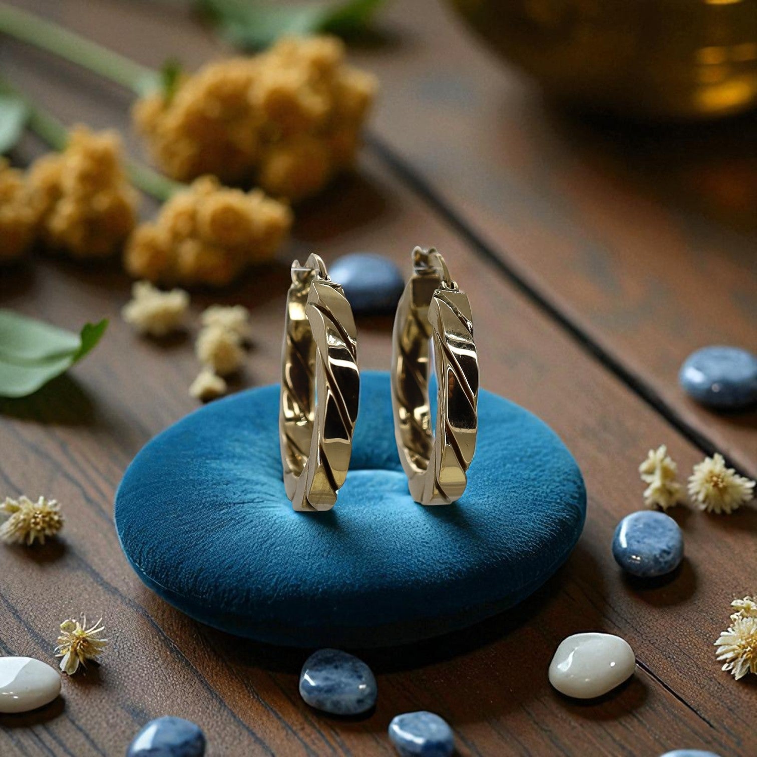 14k heavy gold flat rope earrings with ribbed design, stylish hoop earrings by The Vintage Vault.