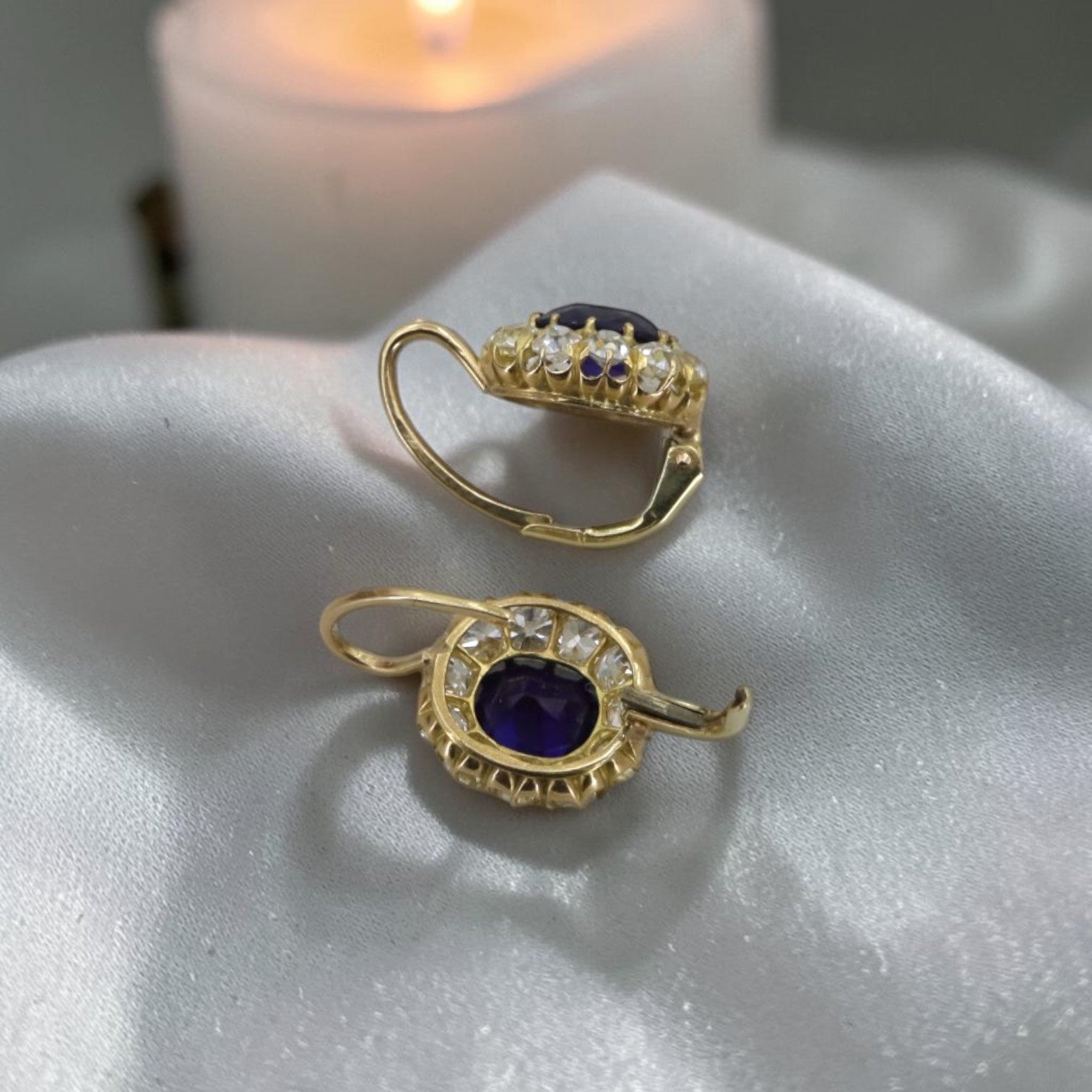 Victorian-Inspired 14K Yellow Gold Sapphire & Diamond Halo Drop Earrings — Antique Gemstones, Princess Diana Design