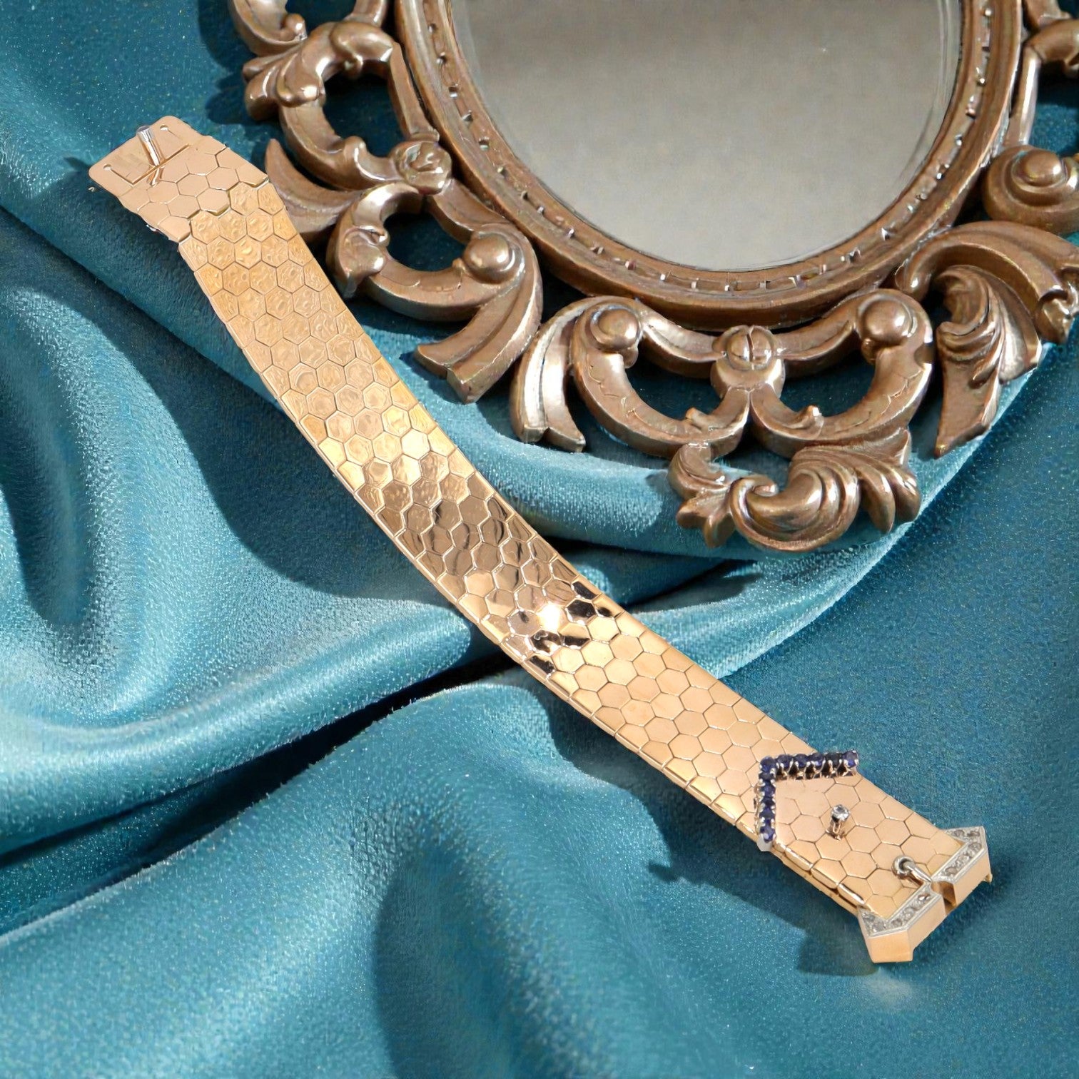 1940s Retro 18k Rose Gold Buckle Honeycomb Link Bracelet with Diamonds & Sapphires - Petra Star