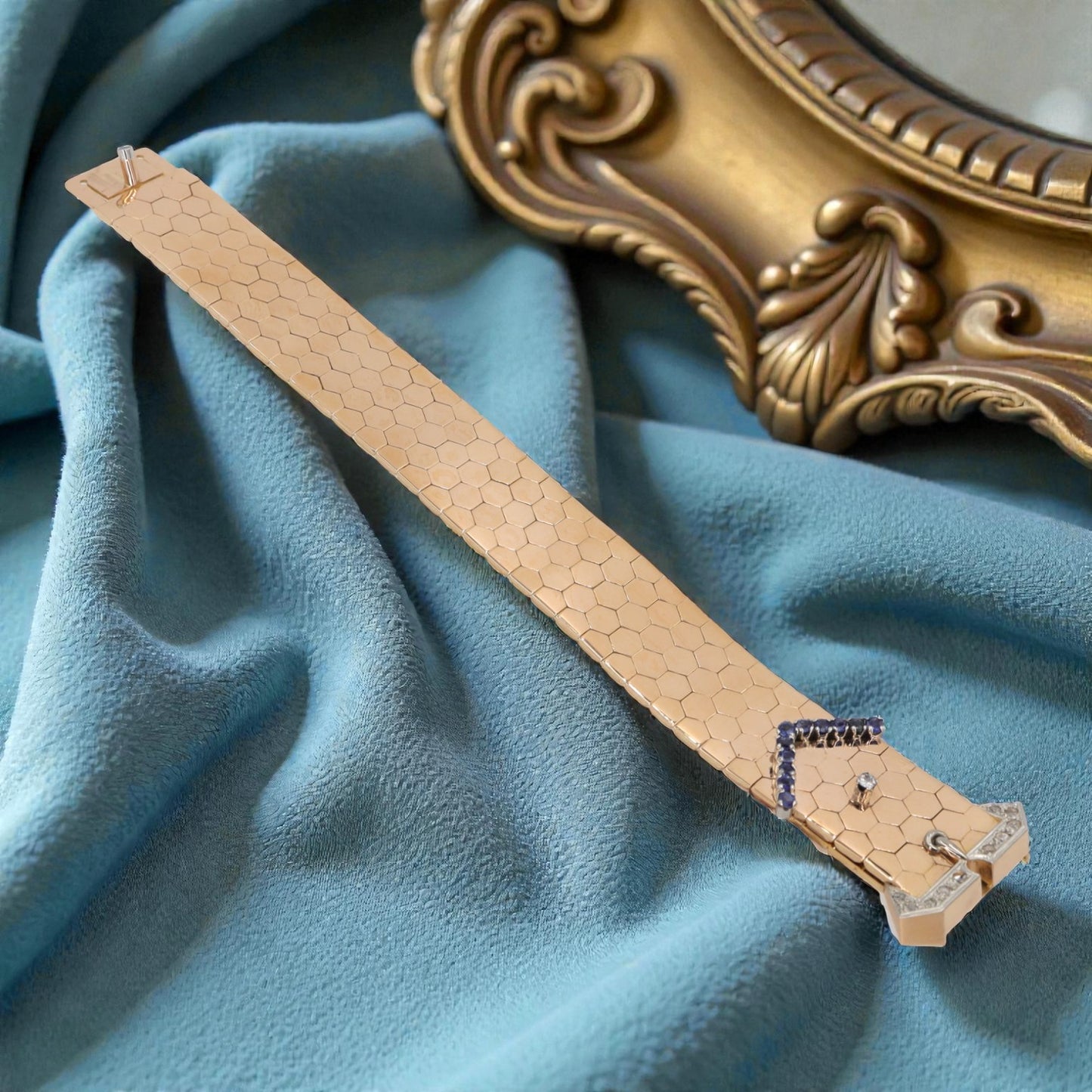 1940s Retro 18k Rose Gold Buckle Honeycomb Link Bracelet with Diamonds & Sapphires - Petra Star
