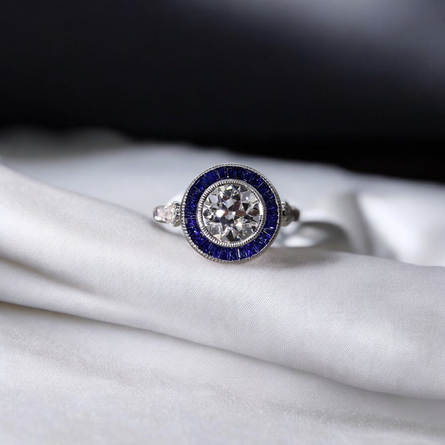Art Deco Style Sapphire Halo Engagement Ring - Petra Star